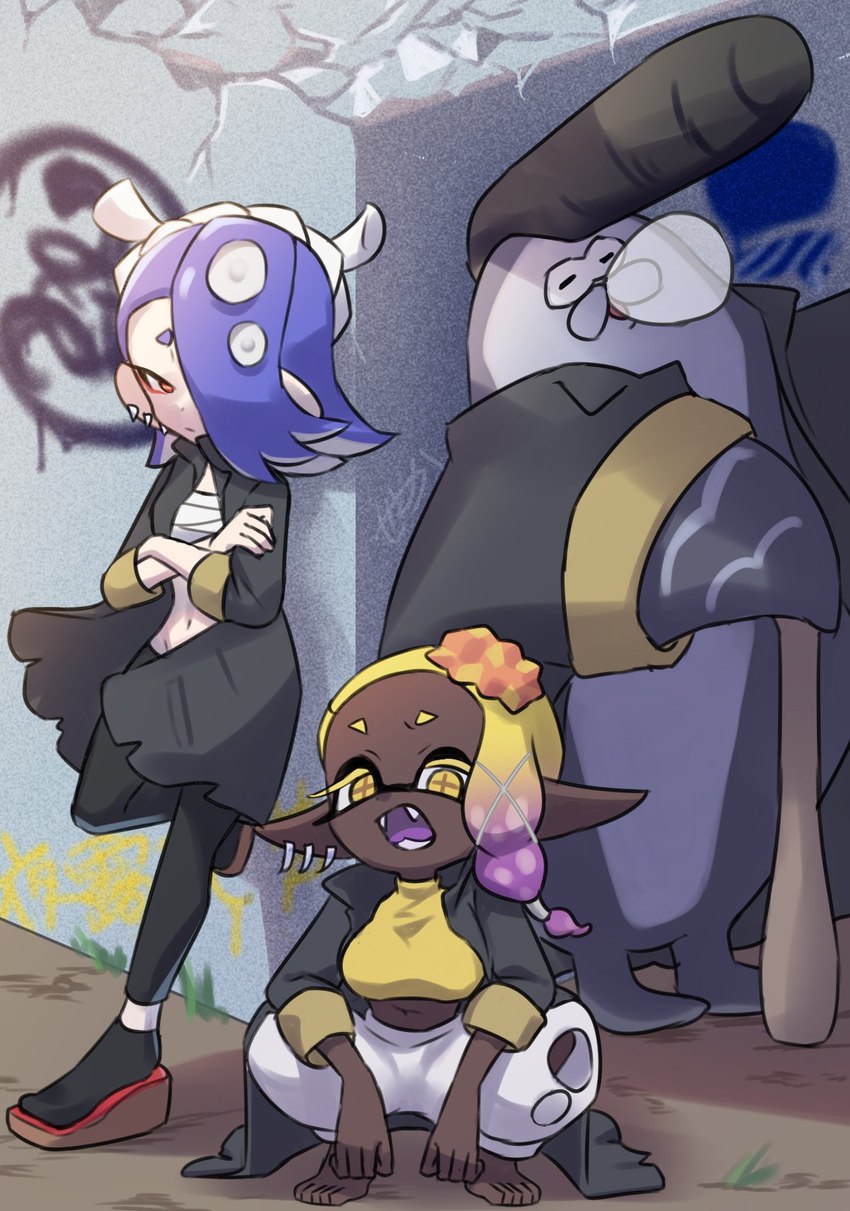 anthro bancho chest_wraps clothing delinquent female grey_body group jacket male pompadour school_uniform sleep_bubble topwear trio uniform wraps setoka_amakusa nintendo splatoon big_man_(splatoon) deep_cut_(splatoon) frye_(splatoon) shiver_(splatoon) animal_humanoid cephalopod cephalopod_humanoid fish humanoid inkling manta_ray marine marine_humanoid mollusk mollusk_humanoid ray_(fish) stingray hi_res