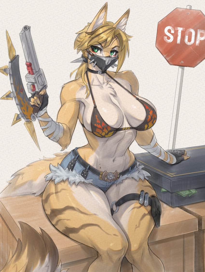 5_fingers anthro biped blonde_hair bottomwear bra breasts claws clothed clothed_anthro clothed_female clothing countershade_torso countershading female finger_claws fingerless_gloves fingers front_view fur gloves green_eyes gun hair handwear holding_gun holding_object holding_ranged_weapon holding_weapon inner_ear_fluff looking_aside mask navel pants ranged_weapon sitting solo striped_body striped_fur stripes tail tuft underwear weapon yellow_body yellow_fur yellow_tail aurancreations mihoyo zenless_zone_zero pulchra_fellini felid feline mammal serval 2025 digital_media_(artwork) hi_res