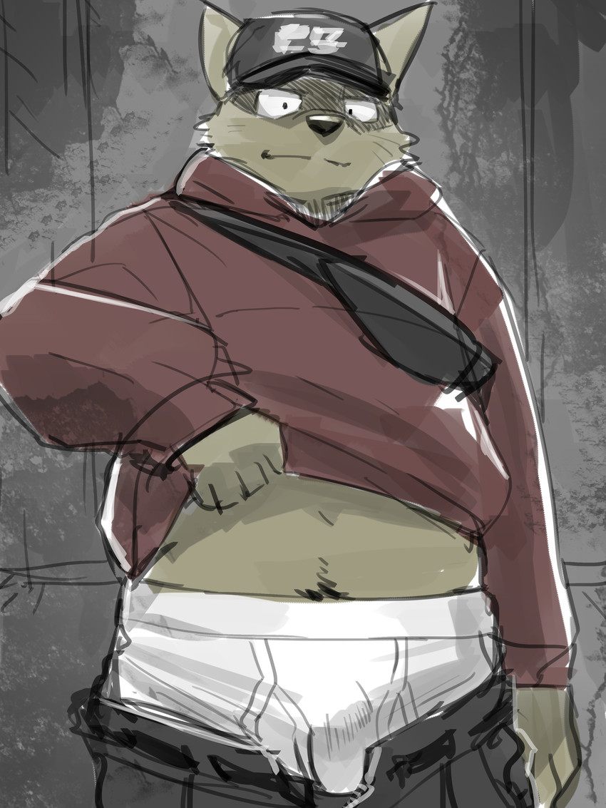 anthro black_nose bottomwear briefs bulge clothing hat headgear headwear hoodie kemono male pants pubes slightly_chubby solo tighty_whities topwear underwear white_briefs white_clothing white_underwear kita_9999 canid canine canis domestic_dog mammal 2020 3:4 absurd_res hi_res