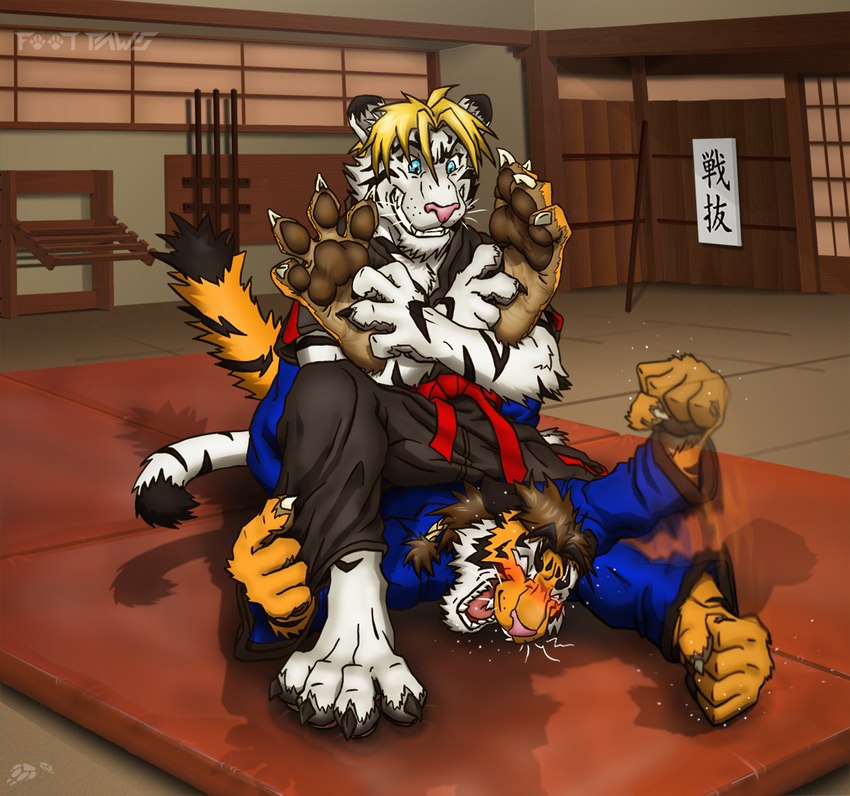 4_toes 5_fingers anthro blonde_hair blue_eyes blush brown_hair claws clothed clothing curling_toes dojo duo eyes_closed feet finger_claws fingers foot_fetish foot_focus fur grin hair inside male male/male mat open_mouth orange_body orange_fur pawpads paws smile soles striped_body striped_fur stripes text tickle_fetish tickle_torture tickling tickling_feet toes whiskers white_body white_fur foot-paws venombahamut ryan_(foot-paws) zack_(foot-paws) felid mammal pantherine tiger 2013 japanese_text story_at_source