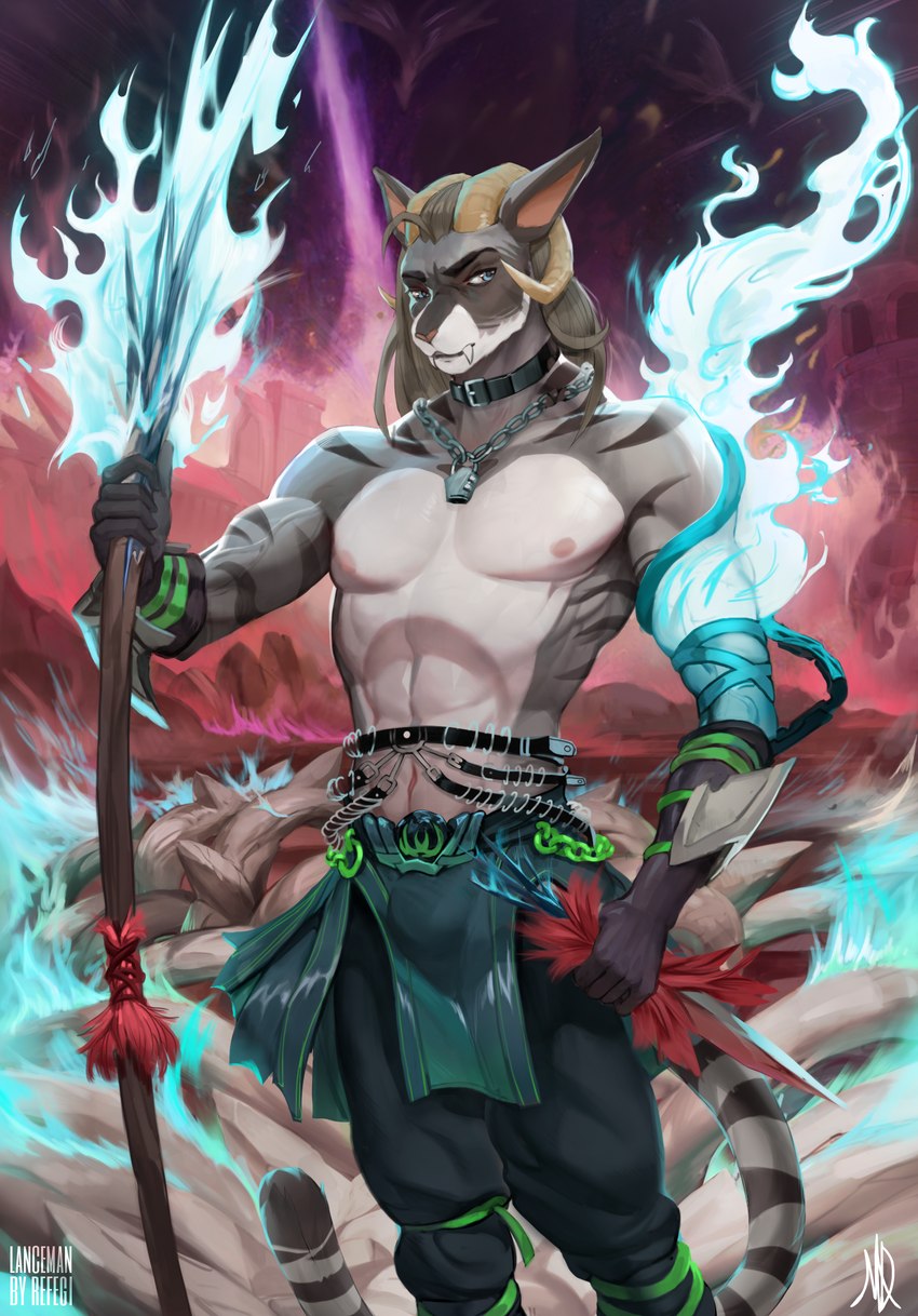 5_fingers anthro bottomwear clothing collar fingers fire hair holding_object holding_weapon horn lance melee_weapon pants polearm solo tail weapon refegi felid feline mammal 2023 absurd_res artist_name digital_media_(artwork) hi_res signature watermark