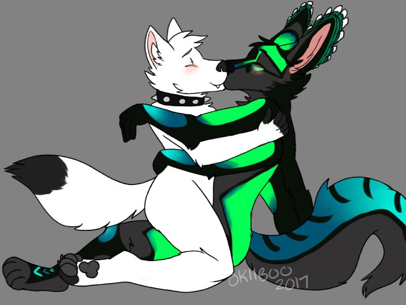 4_arms anthro collar duo kissing male male/male multi_arm multi_limb multifur sitting currypuppy shogunfox canid canine fox jex mammal 4:3