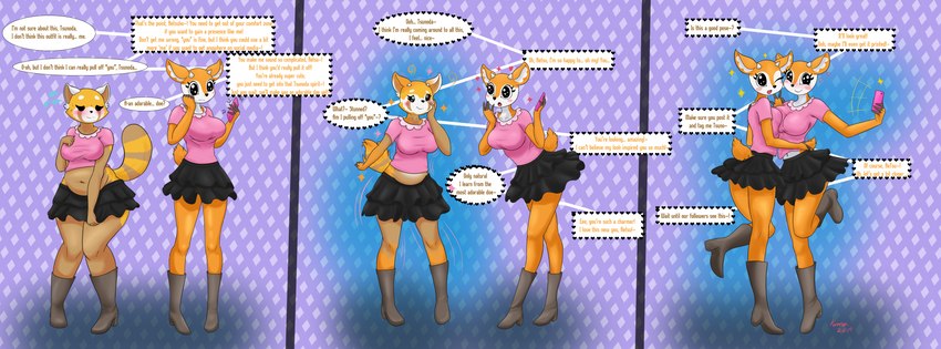 anthro assimilation base_one_layout basic_sequence bottomwear breasts clothed clothing color_coded color_coded_text dialogue duo electronics female fully_clothed geometric_background growth hand_on_breast heart_line heart_line_speech_bubble heart_symbol horn interrupted_speech linear_sequence linked_speech_bubble matching_outfits mind_control name_drop name_in_dialogue on_one_leg one_row_layout pattern_background phone polygonal_speech_bubble selfie shirt simple_background skirt smile sparkles species_in_dialogue species_name_variant speech_bubble spiral_eyes standing stuttering text three_frame_image three_frame_sequence topwear transformation transformation_mechanism transformation_sequence transformative_clothing twinning kawma aggretsuko sanrio retsuko tsunoda_(aggretsuko) ailurid antelope bovid gazelle mammal red_panda thomson's_gazelle true_antelope 2019 absurd_res english_text hi_res sequence