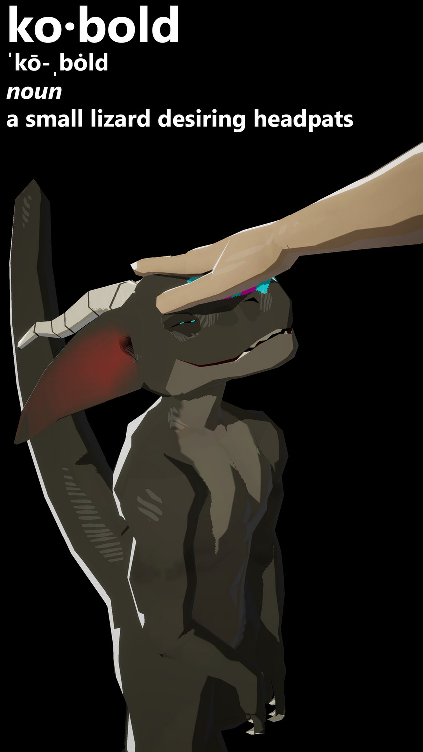 anthro claws eyes_closed female headpat horn low_poly nude open_mouth petting simple_background solo text transparent_background kobold_dellarte sek kobold reptile scalie 3d_(artwork) 4k 9:16 absurd_res alpha_channel digital_media_(artwork) hi_res