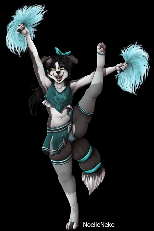 accessory anthro black_hair black_nose bottomwear cheering cheerleader claws clothing dipstick_tail feet female field flexible fur furgonomics grey_body grey_fur hair happy hindpaw legwear markings midriff miniskirt mole_(marking) multicolored_body multicolored_fur multicolored_tail navel one_leg_up open_mouth panties pawpads paws pom_poms raised_leg skirt smile solo splits spots spread_legs spreading standing stockings tail tail_accessory tail_markings tailband toe_claws toeless_legwear toeless_stockings toes two_tone_body two_tone_fur underwear uniform vertical_splits white_body white_fur yellow_eyes noelleneko chloe_(abananaman) border_collie canid canine canis collie domestic_dog herding_dog mammal pastoral_dog sheepdog alpha_channel hi_res