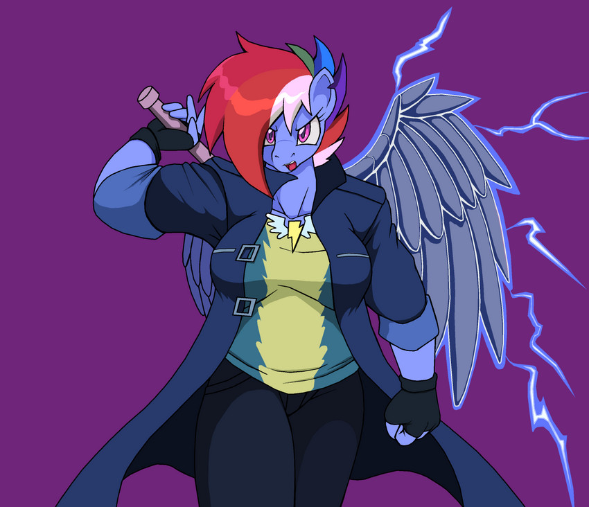 anthro big_breasts blue_wings breasts coat_cape cybernetics female holding_object holding_weapon looking_at_viewer machine solo sparkles weapon wings droll3 capcom devil_may_cry devil_may_cry_5 friendship_is_magic hasbro my_little_pony nero_(devil_may_cry) rainbow_dash_(mlp) equid equine horse mammal pony crossover