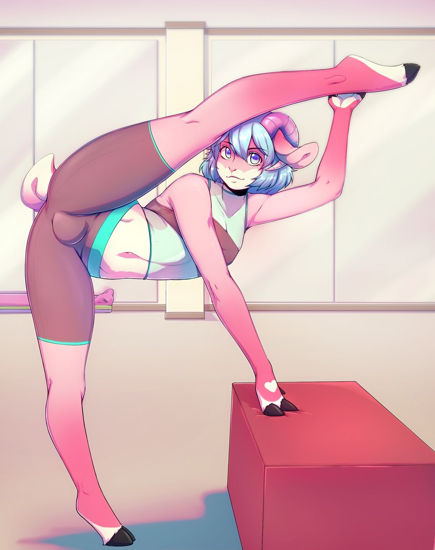 anthro blue_hair bulge clothed clothing crop_top femboy flexible fur gymnast hair hooves horn legwear looking_at_viewer male midriff pink_body pink_fur shirt solo tights topwear suelix magus_nylrem bovid caprine mammal sheep 2023 absurd_res hi_res