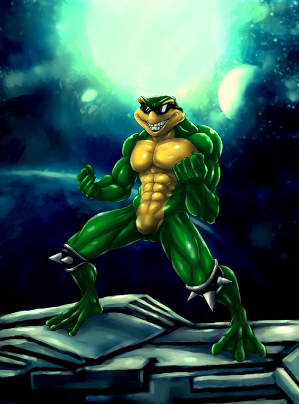 3_toes abs anthro biceps biped bulge countershading eyewear featureless_crotch feet front_view green_body green_skin grin knee_pads male membrane_(anatomy) multicolored_body multicolored_skin muscular muscular_anthro muscular_male nude pecs plantigrade quads smile solo space spikes spread_legs spreading standing sunglasses teeth toes two_tone_body two_tone_skin webbed_feet yellow_body yellow_countershading yellow_skin bleakcat battletoads rareware rash_(battletoads) amphibian frog toad_(frog) 2016 hi_res