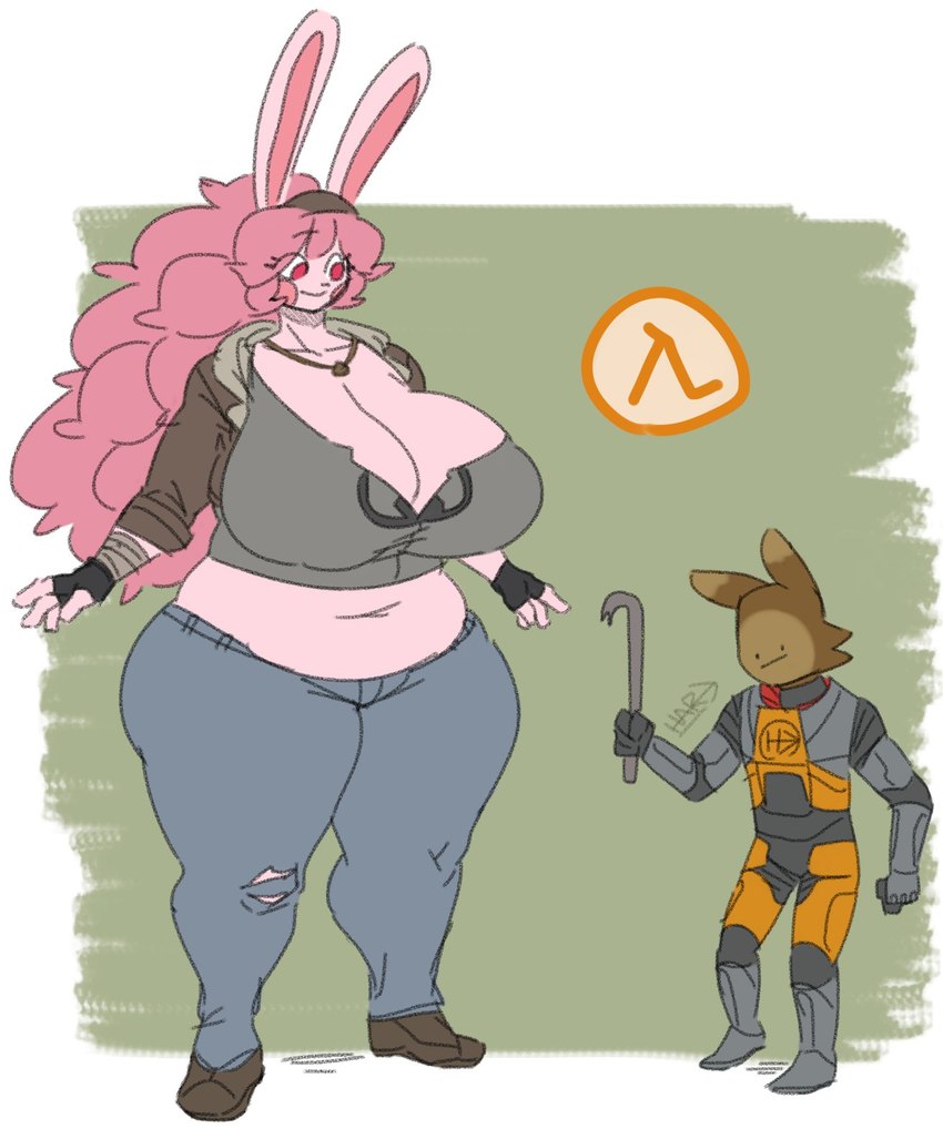 anthro big_breasts breasts cleavage clothed clothing cosplay crowbar duo female fur hair hev_suit holding_crowbar larger_female long_hair male male/female pink_body pink_fur pink_hair red_eyes simple_face size_difference slightly_chubby smaller_male smile tools little_hareboy half-life valve bunilla_(bunillabunbun) hareboy_(little_hareboy) lagomorph leporid mammal rabbit hi_res