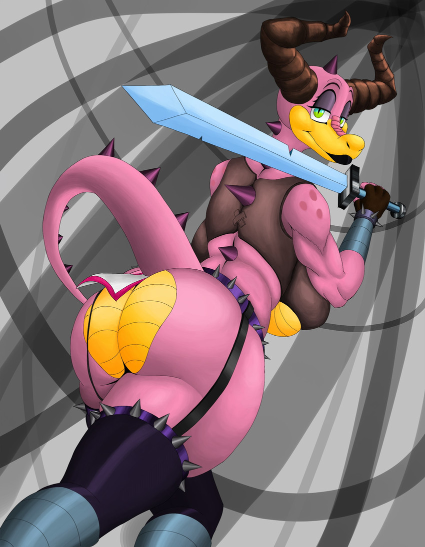 abstract_background anthro big_breasts big_butt black_lips black_lipstick breasts butt clothed clothing female green_eyes half-closed_eyes holding_melee_weapon holding_object holding_sword holding_weapon horn lips lipstick looking_at_viewer looking_back makeup melee_weapon narrowed_eyes non-mammal_breasts pink_body pink_scales scales solo sword tail thick_bottom_lip under_boob weapon horusthealtruist mythology patty_(vimhomeless) dragon mythological_creature mythological_scalie scalie absurd_res hi_res