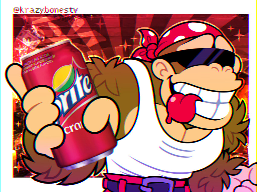 abstract_background anthro belt beverage big_teeth bodily_fluids border bottomwear brown_body brown_fur can chromatic_aberration close-up clothed clothing container drooling eyewear fist fur glasses headgear holding_object humor kerchief looking_at_viewer male manly multicolored_body muscular muscular_anthro muscular_male orange_background pants pecs raised_arm red_background red_tongue saliva shirt simple_background smile soda solo standing star tan_body tan_skin tank_top teeth text tongue tongue_out topwear white_border superkrazybones donkey_kong_(series) nintendo sprite_(soda) sprite_cranberry funky_kong ape gorilla haplorhine mammal primate 2019 english_text meme