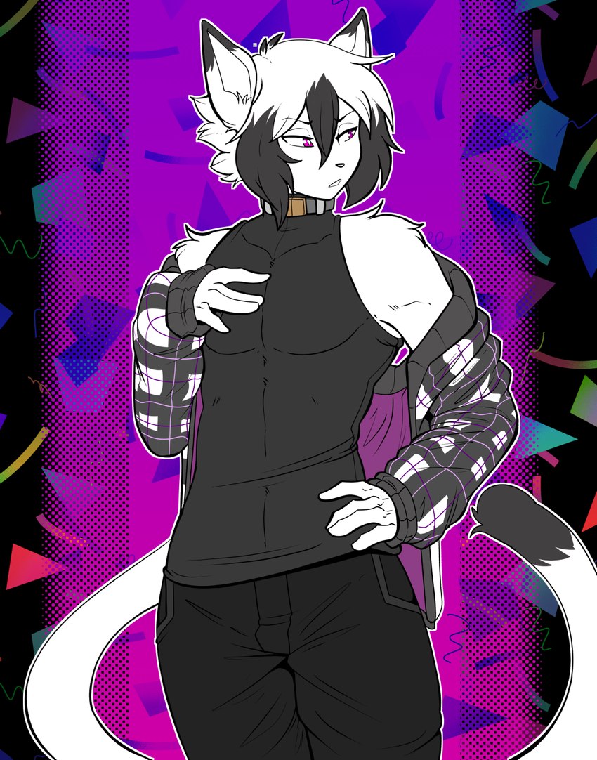 abstract_background anthro bangs biped black_bottomwear black_clothing black_eyebrows black_nose black_pants bottomwear clothed clothed_anthro clothed_male clothing coat collar dipstick_ears dipstick_tail ear_markings eyebrow_through_hair eyebrows fingers front_view fully_clothed fully_clothed_anthro fully_clothed_male fur glistening glistening_eyes glistening_nose grey_clothing grey_coat grey_collar grey_ear_tips grey_hair grey_markings grey_shirt grey_tail_tip grey_tank_top grey_topwear hair hair_between_eyes hand_on_hip hand_on_own_hip humanoid_hands long_tail looking_aside male male_anthro markings multicolored_body multicolored_ears multicolored_fur off_shoulder pants parted_lips pattern_clothing pattern_coat pattern_topwear pose pupils purple_eyes shirt short_hair solo tail tail_markings tank_top topwear translucent translucent_hair two_tone_body two_tone_fur white_body white_fur white_hair white_inner_ear white_pupils white_sclera munkeesgomu ereki_kagami domestic_cat felid feline felis mammal 2025 hi_res portrait three-quarter_portrait