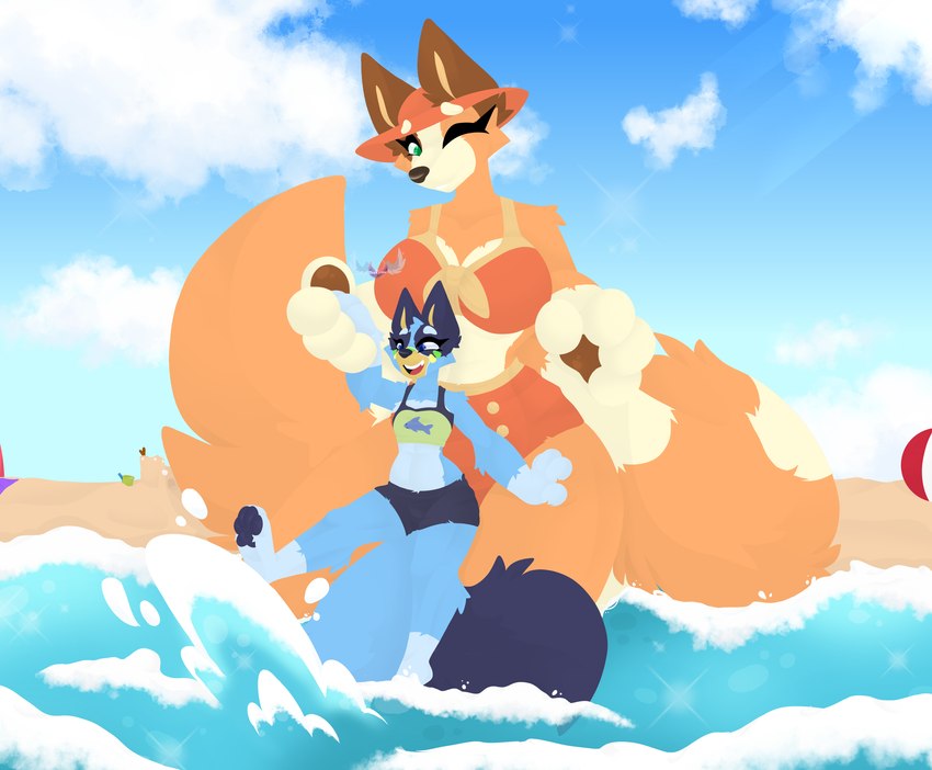 anthro balloon beach beach_background big_breasts big_tail bikini blue_body blue_eyes blue_fur breasts brown_body brown_fur cheek_tuft clothing cloud detailed_background duo facial_tuft female female/female fluffy fluffy_ears fluffy_tail fur green_eyes hand_holding hat headgear headwear inflatable kneeling looking_down macro multicolored_body multicolored_fur orange_body orange_fur pawpads paws sky smile splashing_water swimwear tail thick_thighs thin_calves tuft two-piece_swimsuit water wide_hips tsukipaw bluey_(series) bluey_heeler chilli_heeler australian_cattle_dog canid canine canis cattledog domestic_dog herding_dog mammal pastoral_dog absurd_res hi_res daughter_(lore) mother_(lore) mother_and_child_(lore) mother_and_daughter_(lore) parent_(lore) parent_and_child_(lore) parent_and_daughter_(lore)