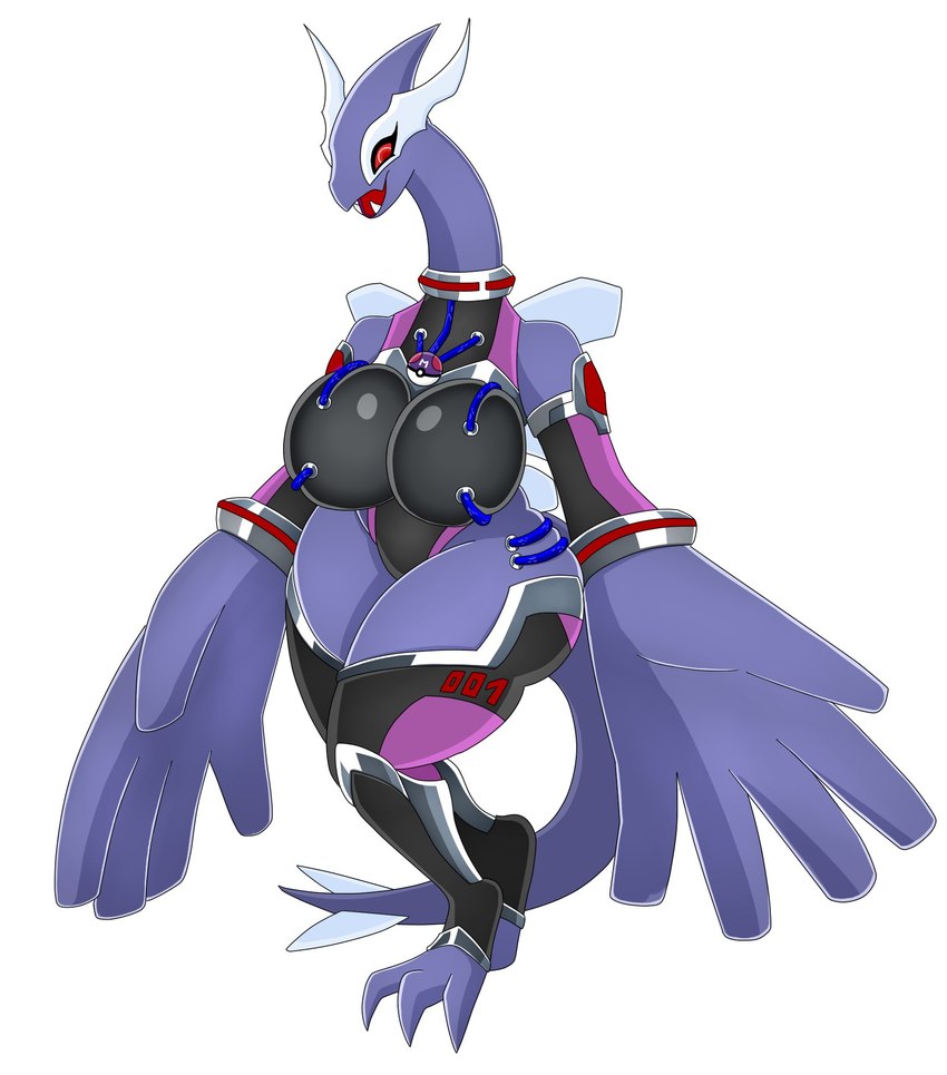 anthro armwear big_breasts breasts clothing female legwear master_ball pokeball purple_body red_eyes simple_background smile solo tail teeth thick_thighs white_background urusee584 nintendo pokemon generation_3_pokemon legendary_pokemon pokemon_(species) shadow_lugia shadow_pokemon hi_res