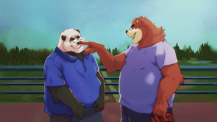 anthro belly black_body black_fur boop bottomwear brown_body brown_fur clothing detailed_background duo eyewear fur glasses humanoid_hands male nose_boop outside overweight overweight_male pants shirt topwear white_body white_fur dino_pandaa bear giant_panda mammal 2023 absurd_res hi_res