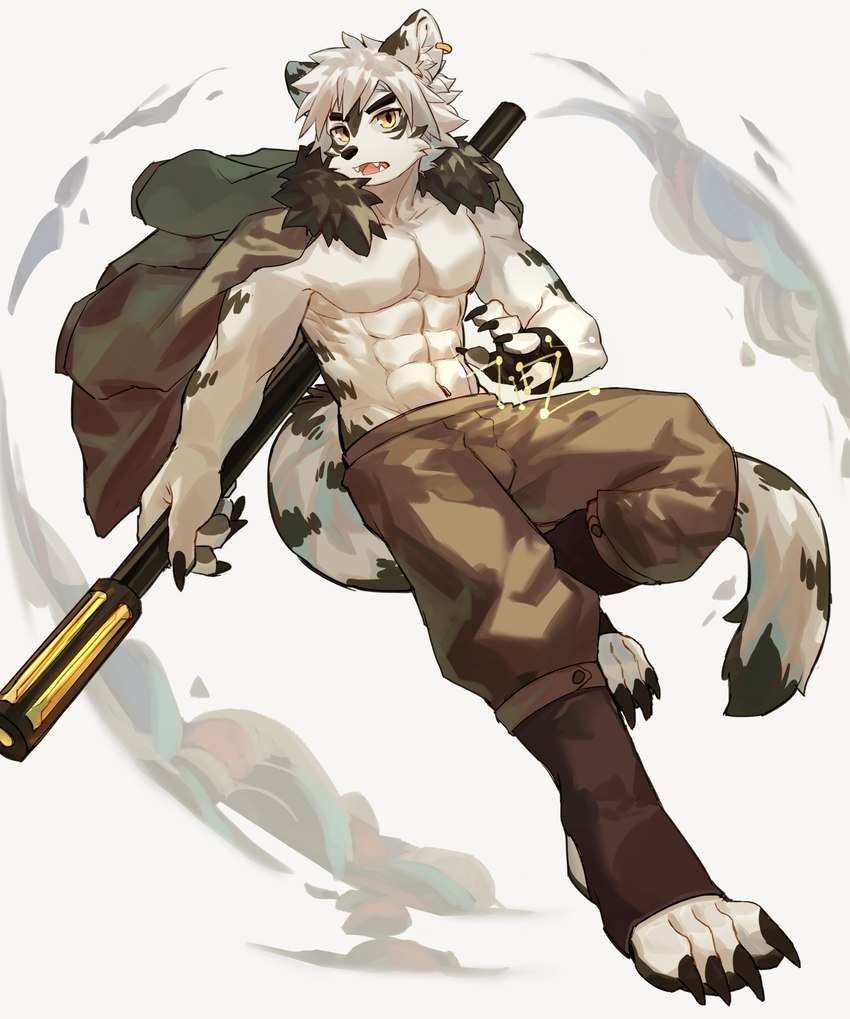 abs anthro bottomwear clothing ear_piercing fur fur_markings hair jacket_on_shoulders male markings muscular muscular_anthro muscular_male navel pants pecs piercing shirtless_male solo tail teeth weapon white_body white_fur yellow_eyes kitai_su felid mammal pantherine absurd_res hi_res