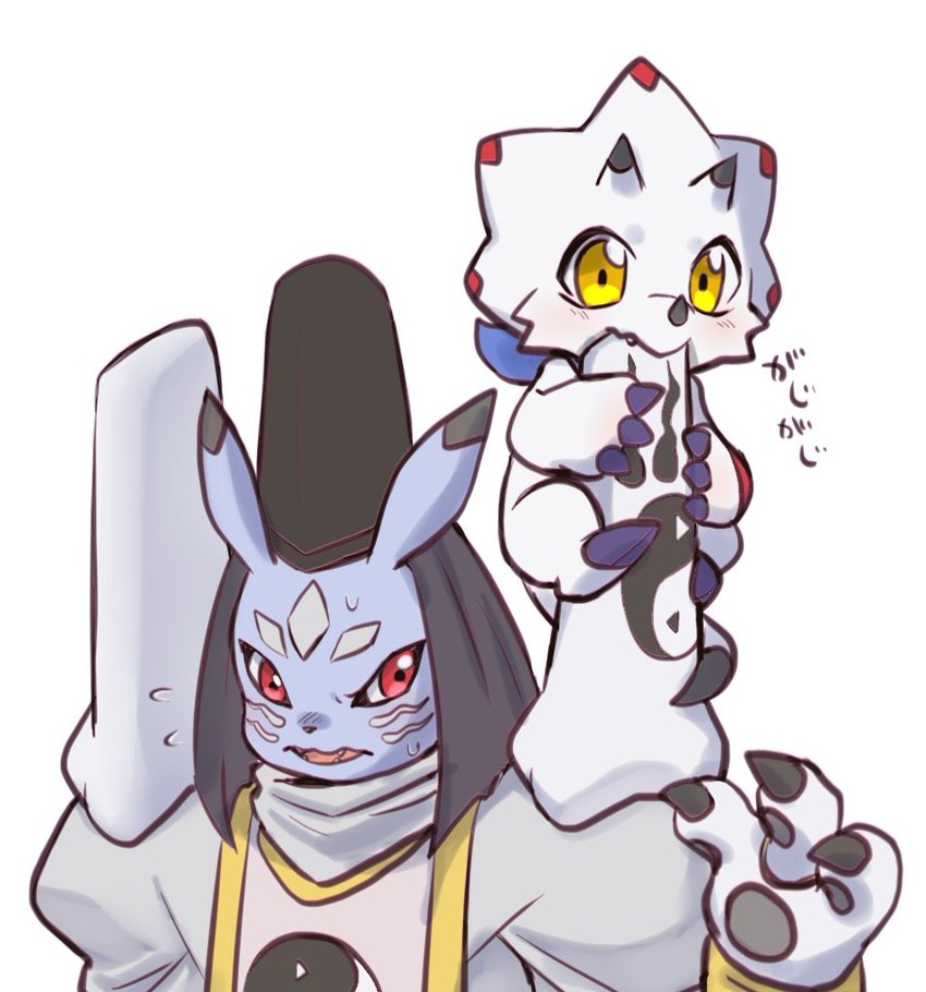 anthro black_claws chewing claws clothing duo hat headgear headwear male onmyouji pawpads white_body uni_hkdm_gsg bandai_namco digimon digimon_ghost_game gammamon_(ghost_game) canid canine digimon_(species) doumon fox gammamon mammal