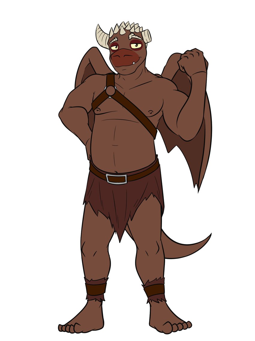 2_horns 5_fingers 5_toes anthro belt belt_buckle biped bottomwear broken_horn brown_body brown_bottomwear brown_clothing brown_eyes brown_nipples brown_skin brown_tail buckle clothing feet fingers fist front_view horn male membrane_(anatomy) membranous_wings navel nipples plantigrade slightly_chubby slightly_chubby_anthro slightly_chubby_male smile solo standing tail toes wings fuze mythology six_legends krock_(six_legends) dragon mythological_creature mythological_scalie scalie 2024 3:4 digital_drawing_(artwork) digital_media_(artwork) hi_res