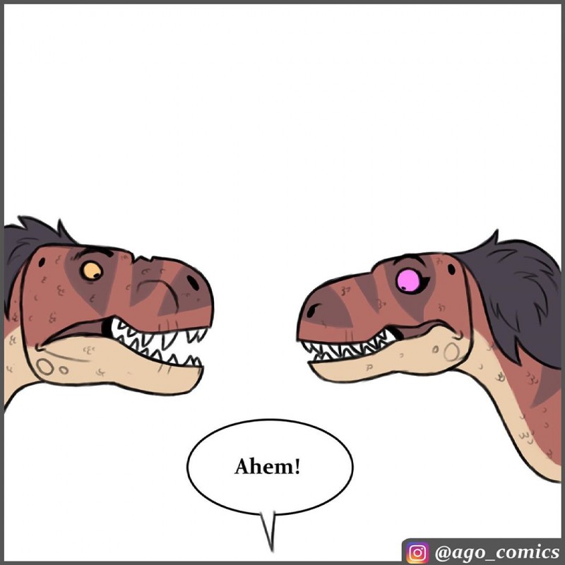 ambiguous_gender dialogue duo feral open_mouth sharp_teeth speech_bubble teeth text pet_foolery roxy_the_t-rex dinosaur prehistoric_species reptile scalie theropod tyrannosaurid tyrannosauroid tyrannosaurus tyrannosaurus_rex 1:1 english_text