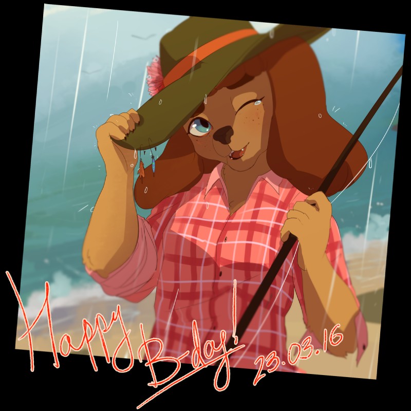 5_fingers anthro beach border brown_body brown_fur brown_nose claws clothed clothing female fingers fish_hook fishing_rod freckles fur hat headgear headwear holding_object hook looking_at_viewer one_eye_closed open_mouth outside raining rolled_up_sleeves seaside shirt smile solo tan_body tan_fur teal_eyes topwear transparent_border water wink fjorge canid canine mammal 1:1 2016 alpha_channel hi_res