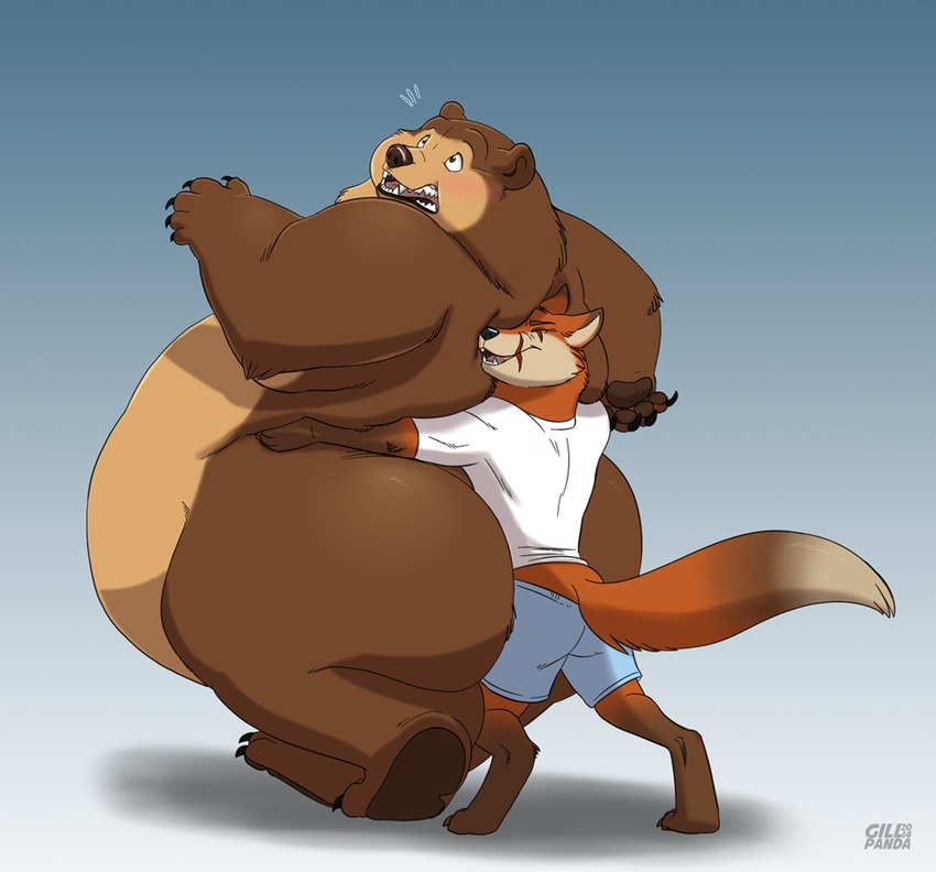 anthro belly big_belly big_butt blush brown_body brown_fur butt chubby_cheeks claws clothed clothing duo eyes_closed facial_scar fur hug huge_butt hugging_another hugging_from_behind male male/male nude obese obese_male open_mouth open_smile orange_body orange_fur overweight overweight_male scar smile standing surprise teeth thick_thighs toe_claws walking gillpanda bear brown_bear canid canine fox mammal ursine