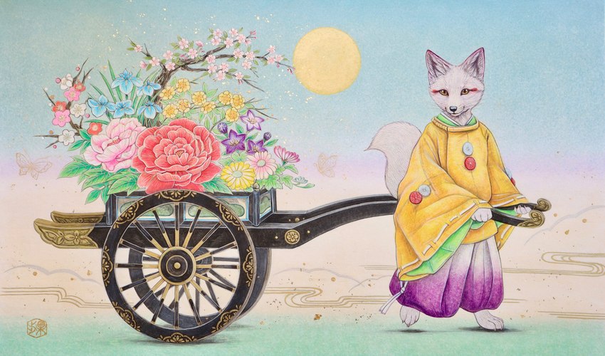 asian_clothing clothing east_asian_clothing fur japanese_clothing kimono white_body white_fur kaho_nishikawa asian_mythology east_asian_mythology japanese_mythology mythology canid canine fox mammal red_fox true_fox absurd_res hi_res traditional_media_(artwork)