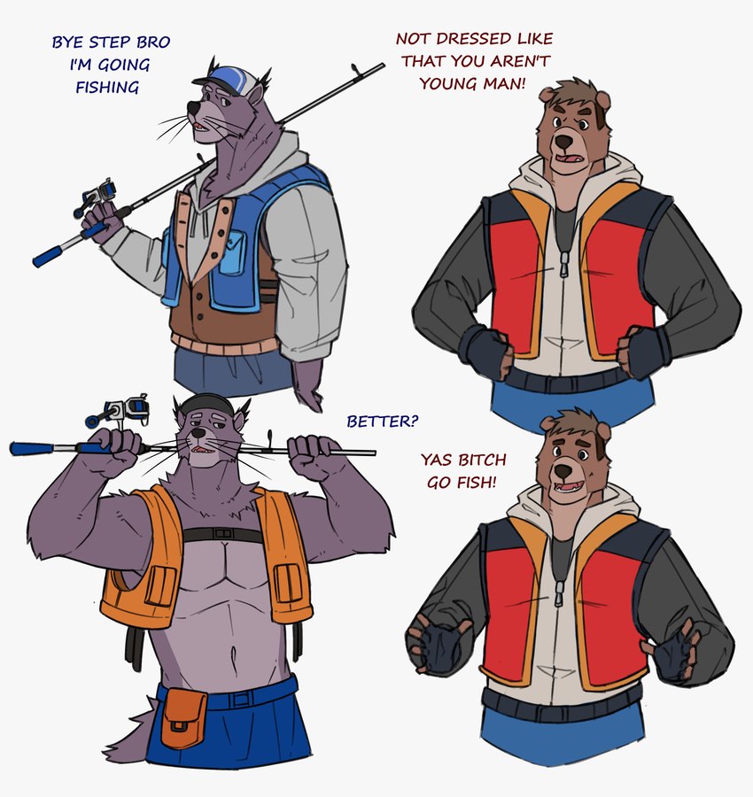 anthro baseball_cap belt bottomwear clothed clothing dialogue duo eyebrows fingerless_gloves fishing fishing_rod fur gloves hair handwear hat headgear headwear hoodie humor male muscular muscular_anthro muscular_male narrowed_eyes navel open_clothing open_mouth open_smile open_topwear open_vest pants pecs pouch_(clothing) profanity simple_background smile teeth text tongue topless topless_anthro topless_male topwear tuft vest whiskers white_background 7theaven bear binturong mammal viverrid 2022 absurd_res english_text hi_res meme