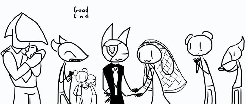 4_arms anthro black_tie_(suit) clapping clothing dress eye_patch eyewear female good_end gown group hand_holding happy hood hug husband_and_wife long_ears male male/female married married_couple mask multi_arm multi_limb necktie smile suit thin_calves thin_legs thin_thighs veil wedding the_weaver ruby_quest ace_(rq) daisy_(rq) filbert_(rq) jay_(rq) red_(rq) ruby_(rq) stitches_(rq) tom_(rq) avian bear bird canid canine canis corvid domestic_cat domestic_dog felid feline felis jay_(bird) lagomorph leporid mammal oscine passerine rabbit rodent sciurid tree_squirrel archived_source black_and_white digital_media_(artwork) monochrome