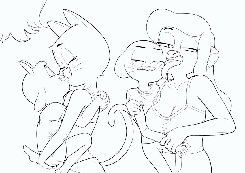 age_difference anthro bottomwear bra breasts cleavage clothed clothing face_lick female group holding_another hug licking male male/female older_female questionable_consent shirt shorts shota simple_background t-shirt tank_top tongue tongue_out topwear underwear white_background wrist_grab young young_anthro drockdraw cartoon_network the_amazing_world_of_gumball chi_chi chi_chi's_mom gumball_watterson nicole_watterson bovid caprine domestic_cat felid feline felis goat mammal 2022 black_and_white digital_media_(artwork) monochrome mother_(lore) parent_(lore) son_(lore)