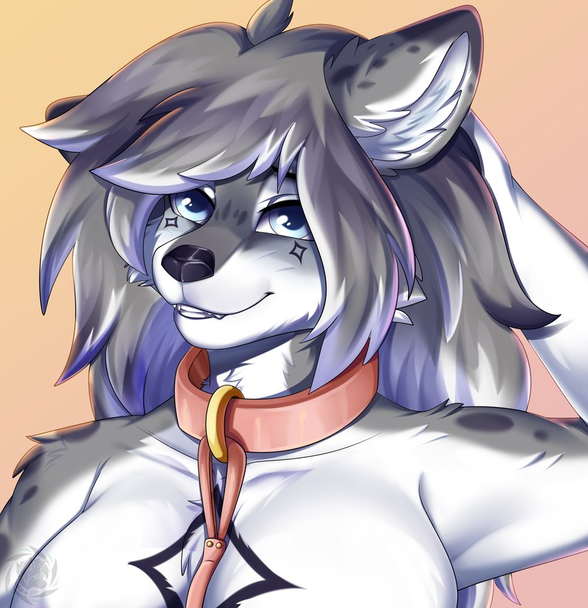 anthro collar fangs female smile solo teeth fkk canid canine canis mammal wolf absurd_res digital_media_(artwork) hi_res