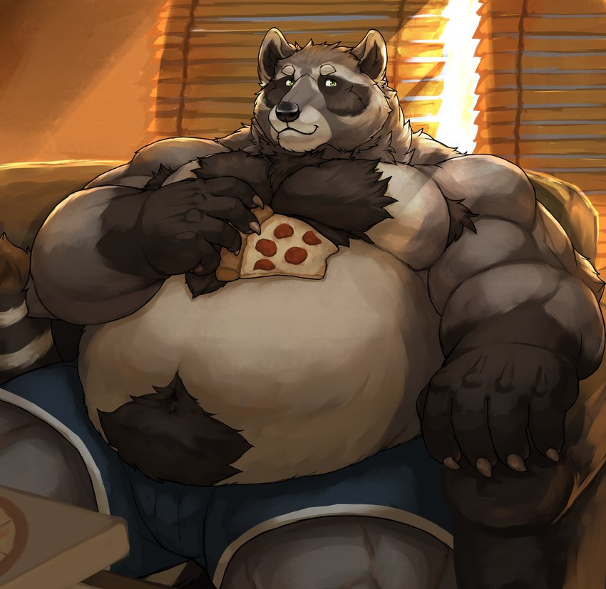 anthro belly black_nose blue_clothing blue_underwear boxers_(clothing) clothing detailed_background food fur furniture grey_body grey_fur humanoid_hands inside male moobs overweight overweight_male pizza sitting sofa solo underwear cinna-tree mammal procyonid raccoon 2021 absurd_res hi_res