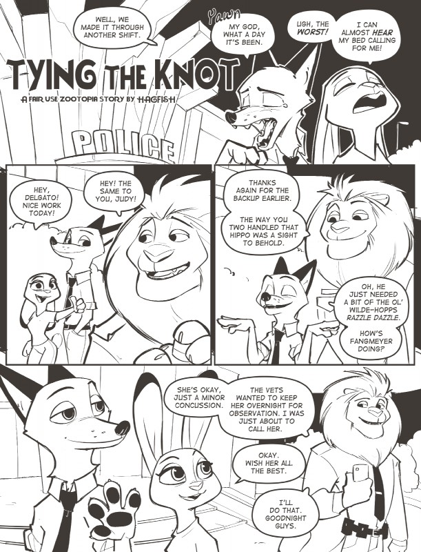 anthro clothed clothing dialogue duo female group male necktie speech_bubble text rockbottomfeeder disney zootopia judy_hopps nick_wilde officer_delgato canid canine felid fox lagomorph leporid lion mammal pantherine rabbit red_fox true_fox 2019 black_and_white comic english_text hi_res monochrome