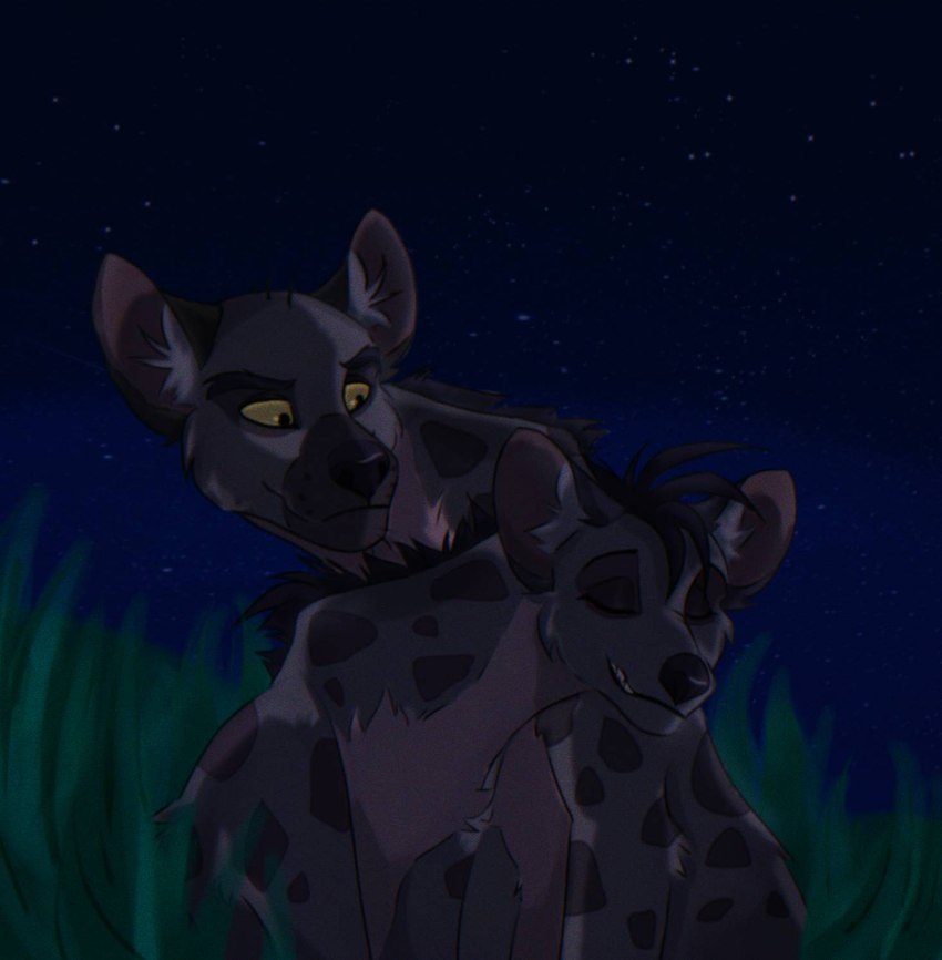 black_hair black_nose dark_body dark_fur duo eyebrows eyes_closed female feral fur grass hair looking_at_another male male/female markings night plant quadruped sky spots spotted_body spotted_fur star starry_sky yellow_sclera kaeweor disney the_lion_king banzai_(the_lion_king) shenzi_(the_lion_king) hyena mammal spotted_hyena 2023 hi_res