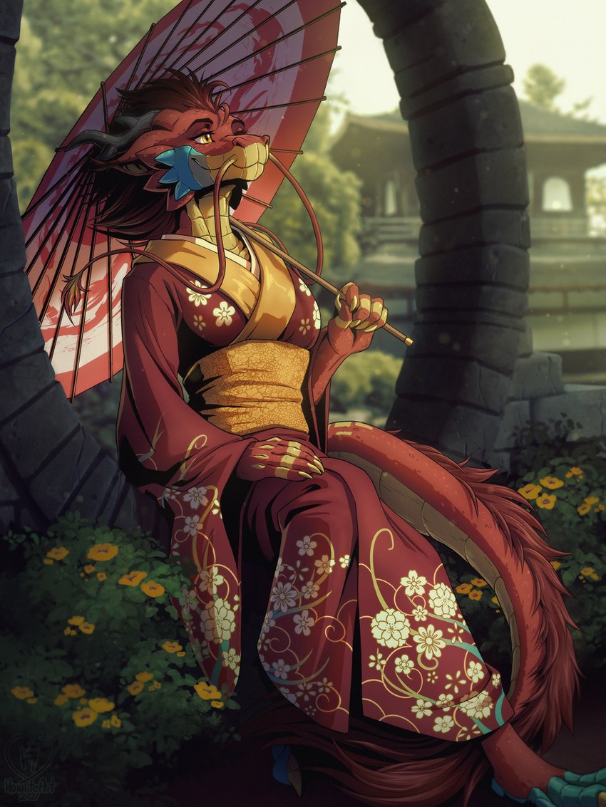 anthro asian_clothing barbel_(anatomy) black_horn blue_feet breasts claws clothing countershade_scales countershading crossed_legs detailed_background east_asian_clothing eyebrows eyelashes feet female flesh_whiskers flower fluffy fluffy_tail hand_on_lap holding_object holding_umbrella horn japanese_clothing kimono long_tail looking_up mane markings plant raised_eyebrow red_body red_clothing red_ears red_scales rock scales sitting sky smile solo tail temple tree umbrella wagasa yellow_body yellow_claws yellow_clothing yellow_countershading yellow_eyes yellow_inner_ear yellow_markings yellow_scales howlite asian_mythology east_asian_mythology mythology noodle_(jestrab) dragon eastern_dragon mythological_creature mythological_scalie reptile scalie 2021 3:4 hi_res shaded