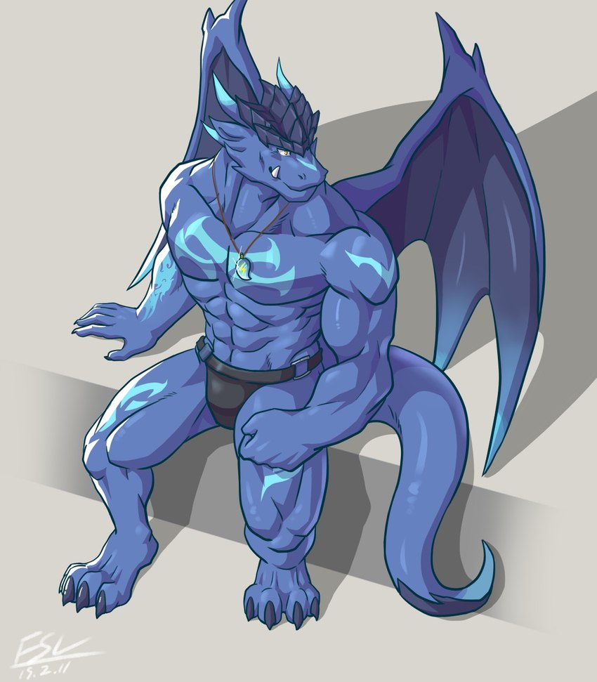 4_toes 5_fingers abs anthro arm_tattoo biceps black_clothing black_underwear blue_body blue_horn blue_scales blue_tail blue_tattoo chest_tattoo clothed clothing fangs feet fingers glint horn jewelry jewelry_glint leg_tattoo male membrane_(anatomy) membranous_wings muscular muscular_anthro muscular_male muscular_thighs necklace pantsless_anthro pantsless_male pecs pendant pseudo_hair scale_hair scales shadow sitting smile solo tail tattoo teeth toes topless topless_anthro topless_male underbite underwear underwear_only wings yellow_eyes fansl mythology blue_dragon_(kutedragon) dragon mythological_creature mythological_scalie scalie 2019 dated digital_media_(artwork) hi_res signature