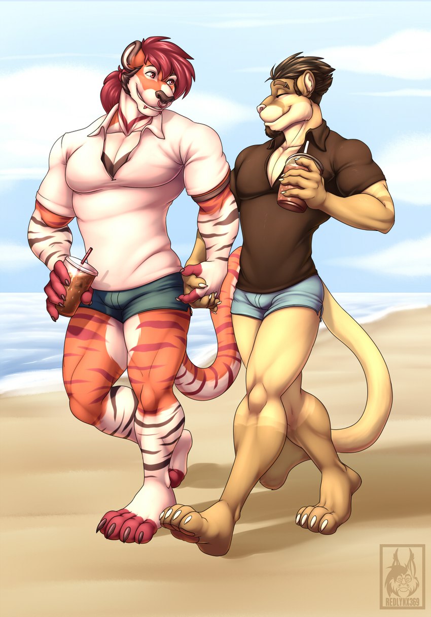 anthro beach duo male male/male muscular outside romantic romantic_couple seaside redlynx369 aden_(evilfawx) ra'jah_(luseph) cougar felid feline mammal pantherine tiger digital_drawing_(artwork) digital_media_(artwork) hi_res