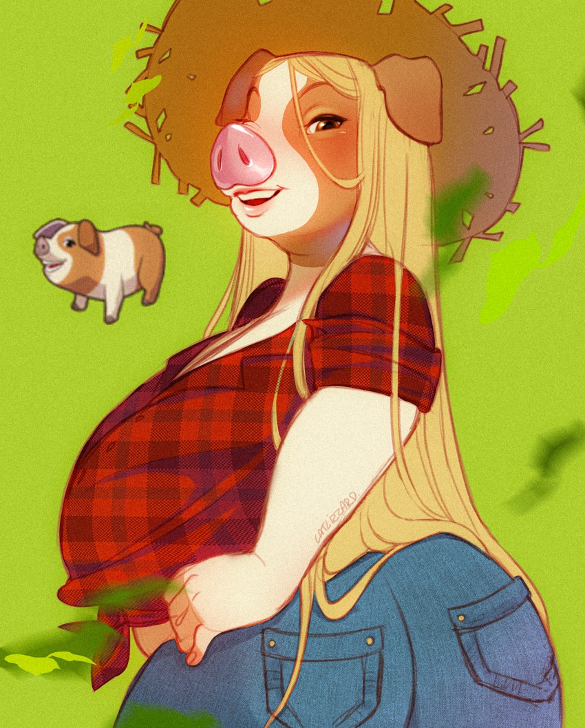 anthro belly big_breasts big_butt blonde_hair blush bottomwear breasts brown_eyes butt clothing denim denim_bottomwear denim_clothing ears_down female flannel_shirt hair hand_on_hip hat headgear headwear jeans leaf long_hair looking_at_viewer open_mouth pants pivoted_ears simple_background slightly_chubby slightly_chubby_female smile smiling_at_viewer solo straw_hat wind catlizzard_(artist) farm_merge_valley domestic_pig mammal suid suine sus_(pig) 2024 absurd_res colored digital_drawing_(artwork) digital_media_(artwork) hi_res huge_filesize shaded soft_shading