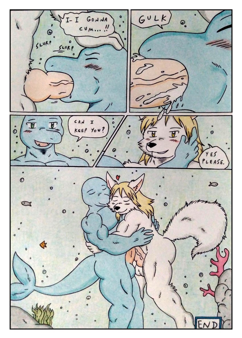 5_fingers anthro athletic athletic_anthro athletic_male balls barazoku biceps big_ears black_nose blonde_hair blue_body blush blush_lines bodily_fluids border bubble comic_panel cum cum_in_mouth cum_inside dialogue duo erection eyes_closed fellatio fingers fish_tail fluffy fluffy_tail frottage fur genital_fluids genitals green_eyes hair hand_on_head hug humanoid_genitalia humanoid_penis knot love male male/male manly muscular muscular_anthro muscular_arms muscular_male nude ocean_floor open_mouth oral pecs penile penis romantic romantic_couple sex sound_effects speech_bubble tail text thick_knot thick_penis touching_face underwater underwater_blowjob underwater_scenery underwater_sex underwater_view vein veiny_knot veiny_penis water white_body white_border white_fur yellow_eyes dashthefox anthozoan canid canine cetacean cnidarian coral dolphin fennec_fox fish fox mammal marine oceanic_dolphin toothed_whale true_fox absurd_res comic english_text hi_res traditional_media_(artwork)