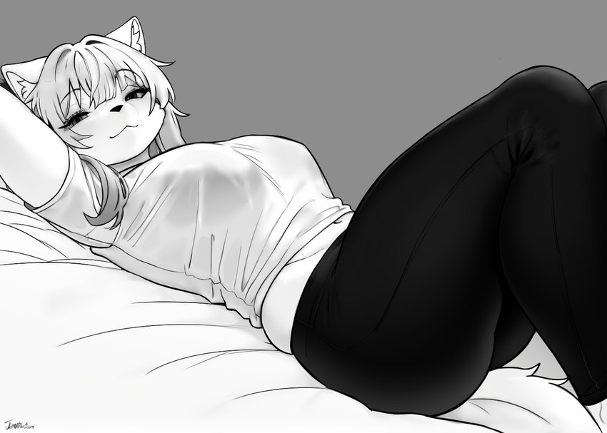 anthro bangs big_breasts breasts female fur grey_hair hair looking_at_viewer lying on_back simple_background solo white_body white_fur bayushkit felid feline mammal monochrome