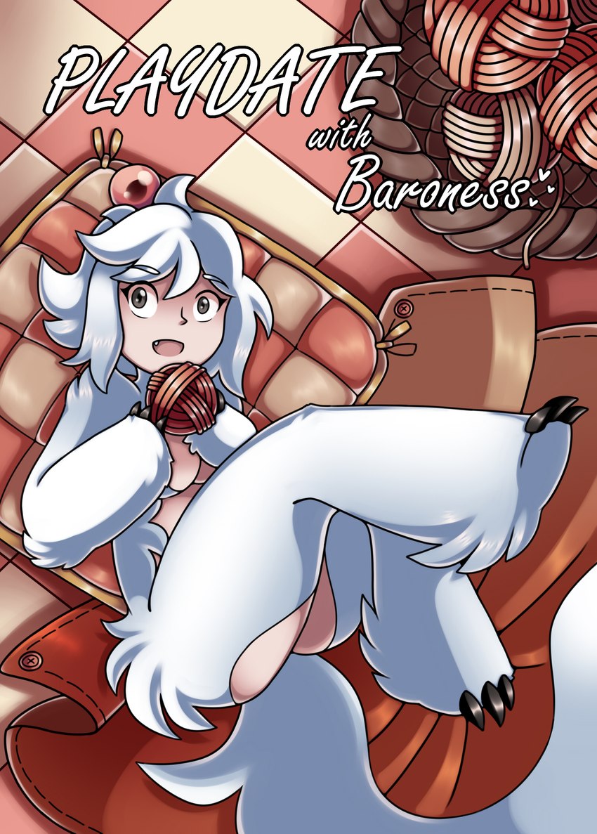 ambiguous_gender ball_of_yarn basket bedding blanket container floor looking_at_viewer nude open_mouth pillow quilt solo tail tail_tuft text tile tile_floor tuft yarn shriekingmagpie humanoid comic cover cover_art cover_page english_text hi_res