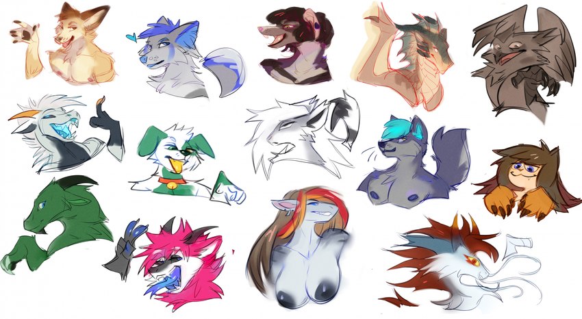 anthro blue_eyes blue_hair breasts brown_eyes brown_hair female feral fur green_body green_eyes green_fur grey_body grey_fur hair long_hair male orange_body orange_fur red_eyes solo tan_body tan_fur white_body white_fur white_hair yellow_eyes famir mythology canid dragon furred_dragon furred_scalie mammal mythological_creature mythological_scalie scalie species_request hi_res sketch_page