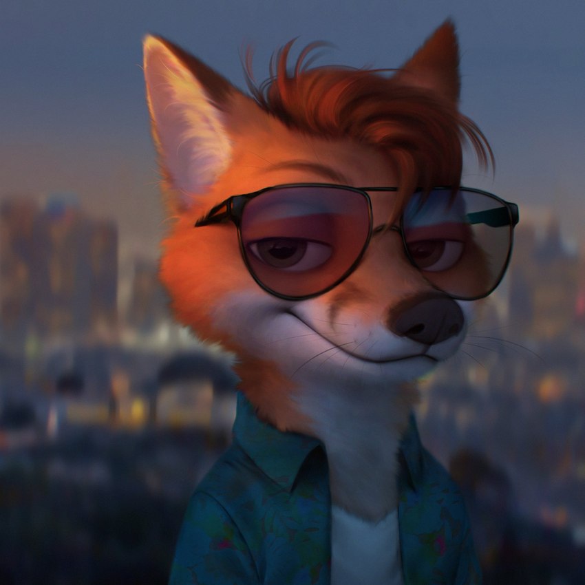 anthro black_nose blurred_background day eyewear fur glasses green_eyes male orange_body orange_fur outside sky smile solo whiskers white_body white_fur wayn_animation canid canine fox mammal 1:1 2022 adobe_photoshop_(artwork) digital_media_(artwork) hi_res