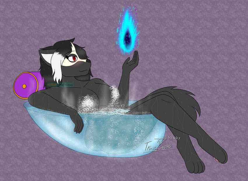 anthro bath bathing bathtub black_body black_hair black_nose breasts bubble elemental_manipulation female fire fire_manipulation glass hair legs_up magic magic_user mask medium_hair pillow red_eyes smile solo steam suds translucent white_hair trinitygodag patreon ravencrown_(caverdae) canid canine canis mammal wolf 2023 absurd_res censored digital_drawing_(artwork) digital_media_(artwork) flat_colors hi_res signature