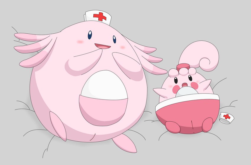 bed clothing duo egg female furniture genitals hat headgear headwear lying nurse_clothing nurse_hat nurse_headwear on_back on_bed pink_body pussy red_cheeks young minami_(artist) nintendo pokemon chansey generation_1_pokemon generation_4_pokemon happiny pokemon_(species) hi_res