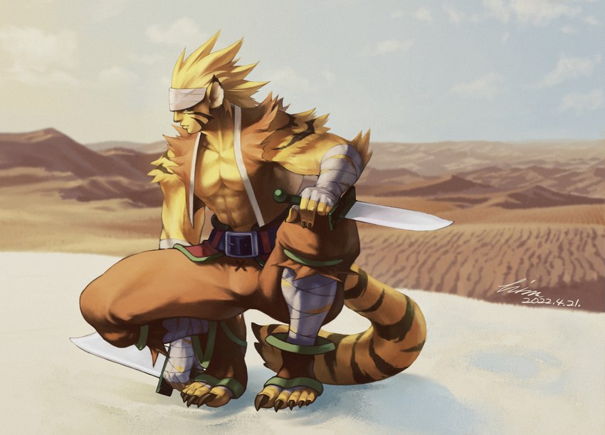 5_toes accessory animal_ears anthro armband blonde_hair claws clothed clothing crouching desert feet fur hair headband humanoid_feet legband long_hair male markings melee_weapon muscular muscular_male open_clothing open_shirt open_topwear plantigrade shirt sleveless_shirt solo striped_markings striped_tail stripes sword tail tail_markings tiger_tail toe_claws toes topwear weapon yellow_body yellow_fur himla19th breath_of_fire capcom rei_(breath_of_fire) animal_humanoid felid felid_humanoid feline feline_humanoid humanoid mammal mammal_humanoid hi_res