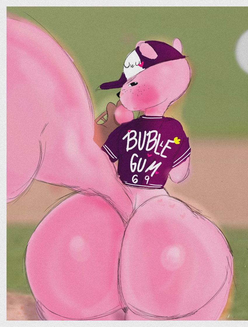 69_(number) ambiguous_gender anthro baseball_cap big_butt black_eyes blowing_bubble_gum bottomless bubble bubble_gum butt candy clothed clothing dessert emoticon emoticon_on_clothing food fur gum hat headgear headwear heart_clothing heart_hat heart_headwear heart_print heart_symbol inflating looking_back male number number_on_clothing number_on_shirt number_on_topwear number_print pink_body pink_fur print_clothing print_hat print_headgear print_headwear print_shirt print_topwear shirt solo squire text text_on_clothing text_on_hat text_on_headwear text_on_shirt text_on_topwear text_print thick_thighs topwear uwu nwopi bubble_gum_(nwopi) mammal rodent sciurid tree_squirrel absurd_res english_text hi_res