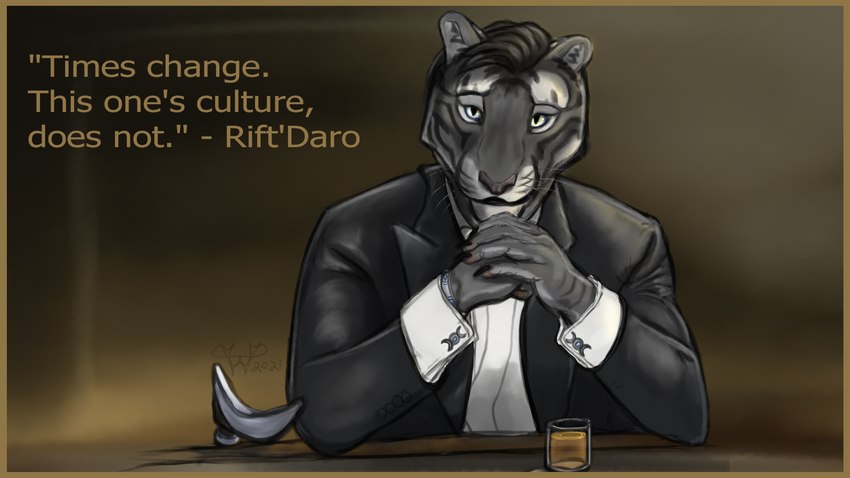 alcohol anthro bar beverage border cane clothed clothing hair looking_at_viewer male solo suit yellow_border wolfywetfurr_(artist) microsoft the_elder_scrolls infinite rift-daro felid khajiit mammal pantherine suthay-raht tiger 16:9 hi_res widescreen