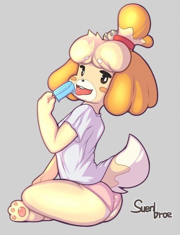 3_toes anthro barefoot biped blush blush_stickers clothed clothing feet female food fur hair open_mouth pawpads pink_pawpads popsicle sea_salt_ice_cream simple_background sitting soles solo toes tongue yellow_body yellow_fur suenbroe animal_crossing nintendo isabelle_(animal_crossing) canid canine canis domestic_dog mammal shih_tzu toy_dog 2019 hi_res