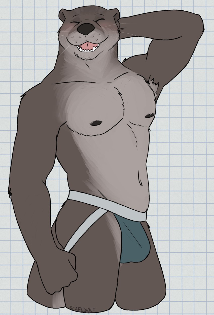 5_fingers anthro armpit_hair belly biped black_eyebrows black_nipples black_nose blue_clothing blue_underwear blush body_hair brown_body brown_fur bulge checkered checkered_background clothed clothing eyebrows eyes_closed fingers fist fur hand_behind_head happy jockstrap jockstrap_only looking_at_viewer male male_anthro multicolored_body multicolored_clothing multicolored_underwear muscular muscular_anthro muscular_male navel nipples open_mouth partially_clothed partially_clothed_male pattern_background raised_arm short_fur simple_background slightly_chubby smile solo standing tail tan_body tan_fur thick_tail topless underwear underwear_only whiskers white_background unsafescapewolf echo_(series) echo_project the_smoke_room todd_bronson mammal mustelid otter 2024 digital_drawing_(artwork) digital_media_(artwork) hi_res portrait three-quarter_portrait