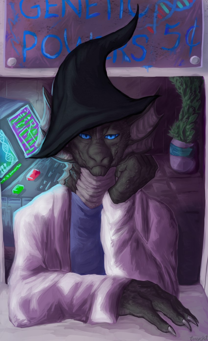 anthro blue_clothing blue_eyes blue_shirt blue_topwear claws clothing coat computer dna electronics grey_body grey_scales hand_on_head hat headgear headwear lab_coat male scales shirt smug solo topwear ventral_scales witch_hat truzkot space_station_13 dravak_sathune lizardman reptile scalie unathi hi_res